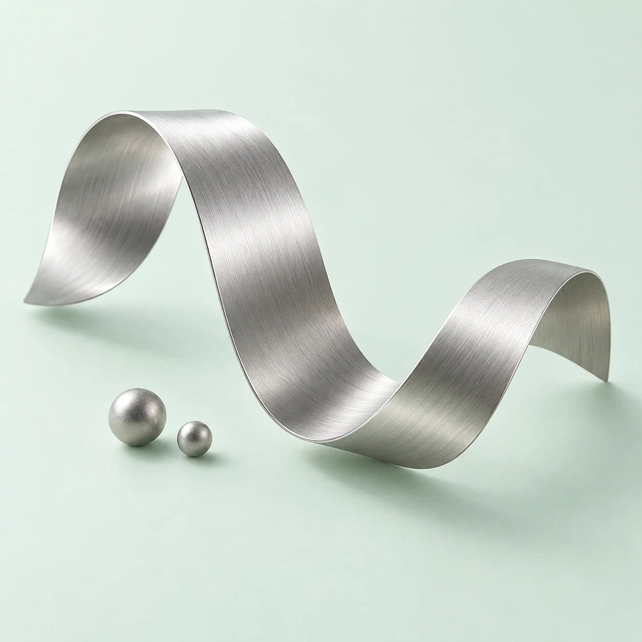Conceptual study of a silver metal ribbon on a pale green surface